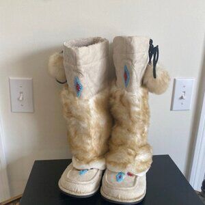 Women’s Tall Faux Fur Mukluk Boots with Beaded Accents – Beige/Tan Winter Boots